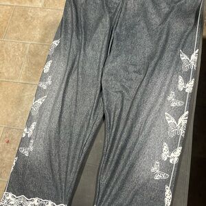 3XL Pajama Capri Pants Grey with Butterflies On The Side Elastic Waist New
